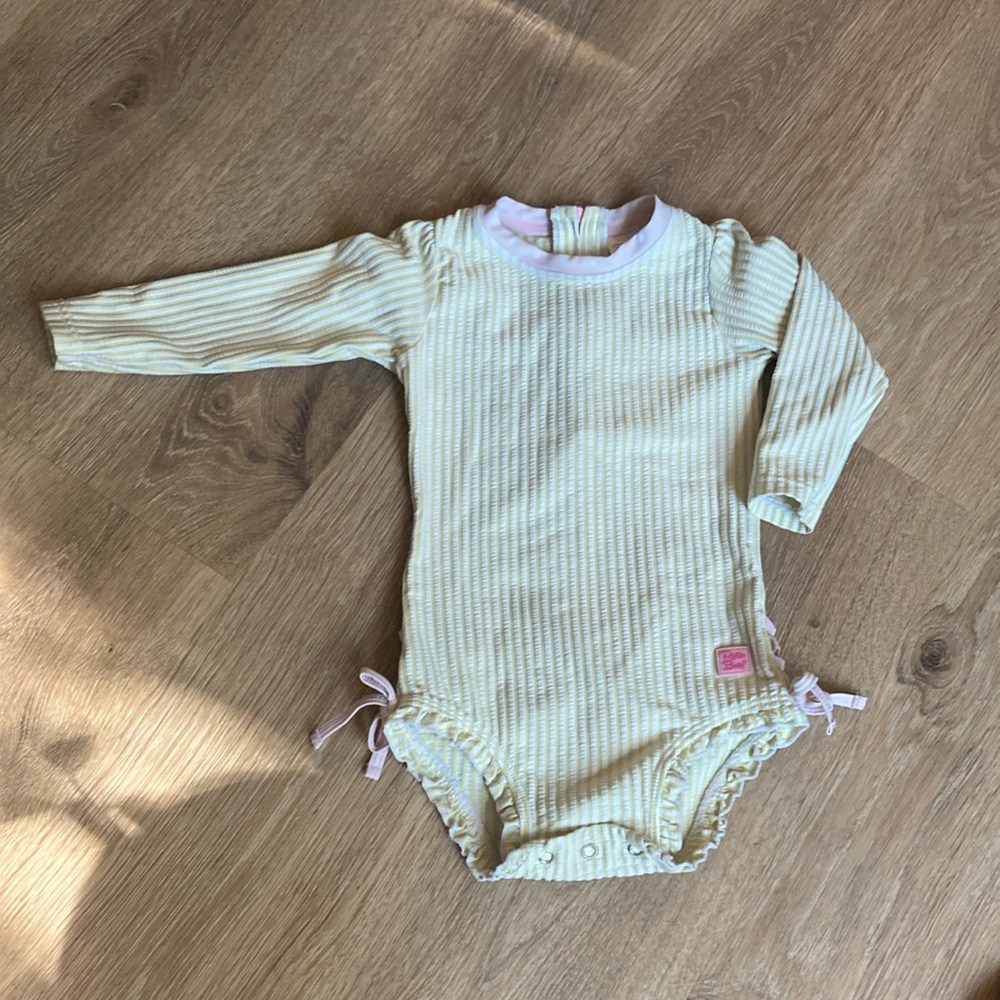 Ruffle butts  18-24 months long sleeve striped ruffle swimsuit cream white pink